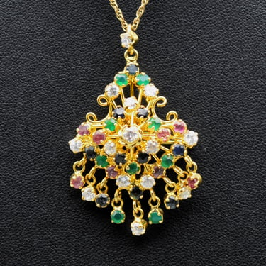 80's sapphires emeralds and cubic zirconia gold filled pendant pin, ornate festoon necklace 