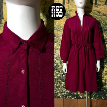 Plush Vintage 70s Maroon Velour Elastic Waist Mid-Length Dress 