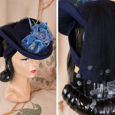 1940s Hat - Exquisite Vintage 40s Tilt Hat with in Navy Blue with Lush Velvet Roses and Dotted Veil Drape 
