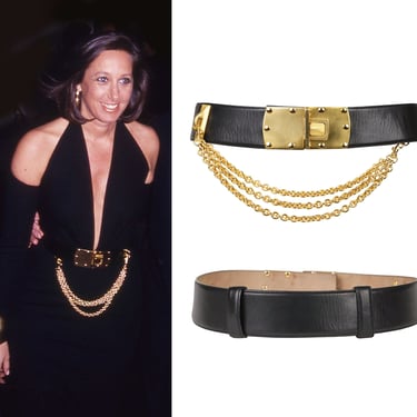 Donna Karan 1985 Vintage Documented Gold Metal Chain Black Leather Belt 