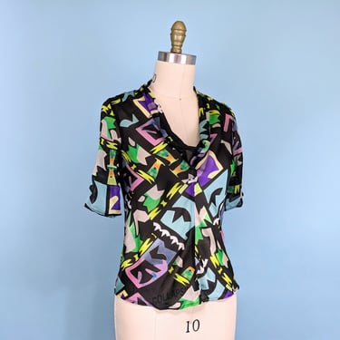 Vintage 90s Slinky Bias Cut Geometric Print Blouse, 1990s Cowl Neck Silk Chiffon Short Sleeve Top 