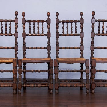 Antique French Renaissance Oak Ladder Back Rush Dining Chairs - Set of 4 