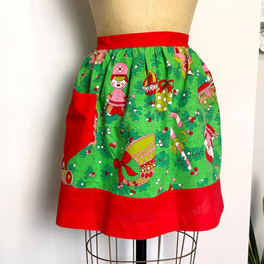 Handmade Christmas print half apron - 60s 70s vintage 