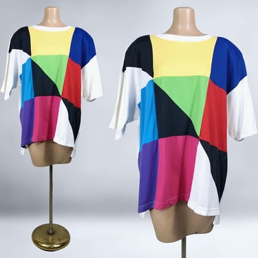VINTAGE 80s 90s Oversized Color Block T-Shirt by Extra Touch OSFM | Geometric Tunic | 1980s 1990s Aesthetic Boxy Shirt Dress | vfg 
