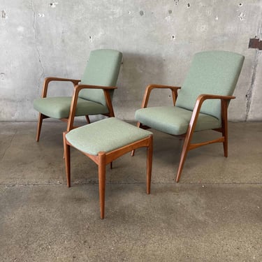 Mid Century Modern Danish Lounge Chairs and Ottoman