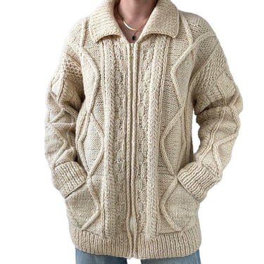 El Gringo Imports Mens Hand Knit White 100% Wool Chunky Fisherman Cardigan XL 