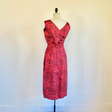 1960's Red Snake Skin Print Sheath Dress Open Back Buttons Sleeveless Style Belt Midi Length Rockabilly 31" Waist Size Medium 