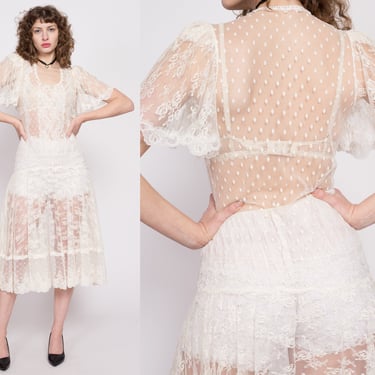 80s Sheer Ivory Lace Drop Waist Dress - Medium | Vintage Boho Polka Dot & Floral Flutter Sleeve Midi 