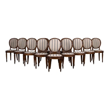 French Louis XVI Style Maple Dining Chairs W/ Striped Fabric - Set of 12 