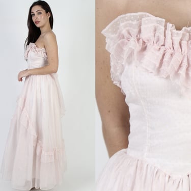 Gunne Sax Fairytale Country Wedding Dress, Swiss Dot Strapless Saloon Gown Maxi 