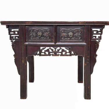 Chinese Vintage 2 Drawers Carving Brown Side Table Cabinet cs7752E 
