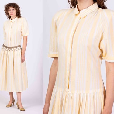80s Yellow Striped Drop Waist Dress - Large | Vintage Boho 1920s Style Short Puff Sleeve Collared Midi Dress 