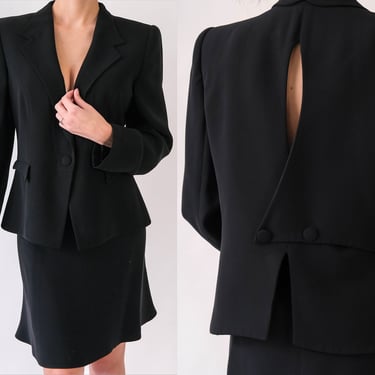Vintage Giorgio Armani Black Silk Cropped Peek-A-Boo Tuxedo Style Skirt Suit | Made in Italy | 2000s Y2K Armani Designer Power Skirt Suit 
