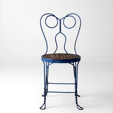 vintage blue metal bistro chair, ice cream parlor cafe chair 