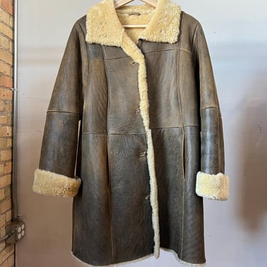 Med Large, Vintage 1970s Suede and Shearling Long Jacket, Brown 