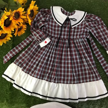 SIZE 2-3 Years Vintage Plaid Sailor Collar Dress - Vintage Plaid Holiday Christmas Dress - Plaid Back Button Girls Dress Children's Kids 