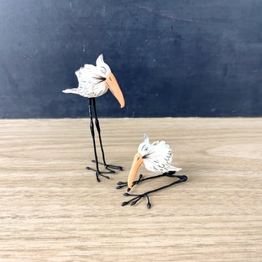 Miniature artisan made birds with long leg - 1980s vintage 
