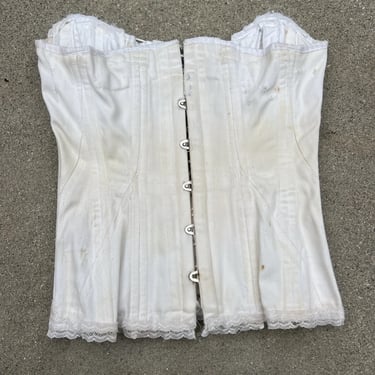 Antique Corset White Cotton Boned 1920s Edwardian Lace Up Bodice Lingerie