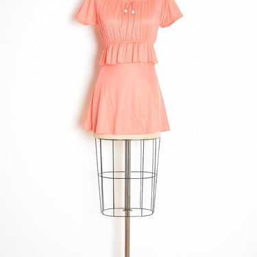 vintage 70s dress peach salmon peplum off shoulder disco mini peasant XS clothing 