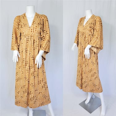 Kimono Sleeve 1970's Slinky Nylon Tan Polka Dot Print Caftan Dress I Sz Sm 