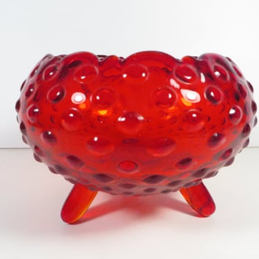 Vintage Ruby Red Hobnail Glass Rose Bowl - Red Hobnail Footed Candy Dish 