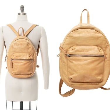Vintage 1990s Style Mini Backpack | Modern BAGGU Leather Light Brown Tan Shoulder Straps Small Minimalist Purse 
