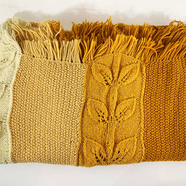 Vintage Striped Blanket Retro Throw Crochet Afghan 1970s Leaf Vine Mustard Yellow Brown Handmade Kitschy Granny Grannycore 