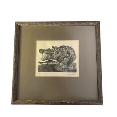 Midcentury Modern Artists Proof Woodblock Print Hippo