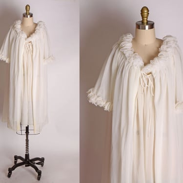 1950s Sheer White Two Piece Nylon Night Gown and Robe Peignoir Lingerie Set -M 