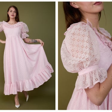 Vintage 1970s Baby Pink Eyelet Lace Princess Full Length Gown w/ Puffed Sleeves, Empire Waistline 