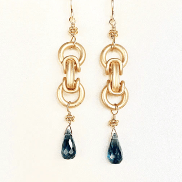 ROBIN HALEY | 14KY GOLD PLATED CHAIN EARRING WITH LONDON BLUE TOPAZ