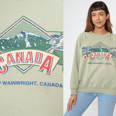Canada Sweatshirt 90s Camp Wainwright Shirt CFB Canadian Forces Base Slouchy Pullover Green 1990s Graphic Travel Vintage Large L 