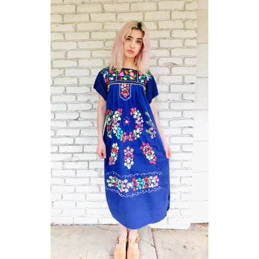 Flora Dress // vintage sun Mexican hand embroidered floral boho hippie cotton hippy midi navy blue 70s 70's 1970s 1970's // S/M 
