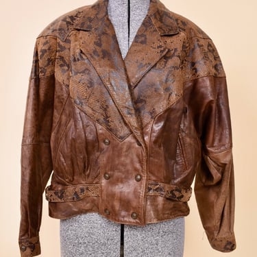 Brown Leather Snake Print Dolman-Cut Jacket By Global Identity, L