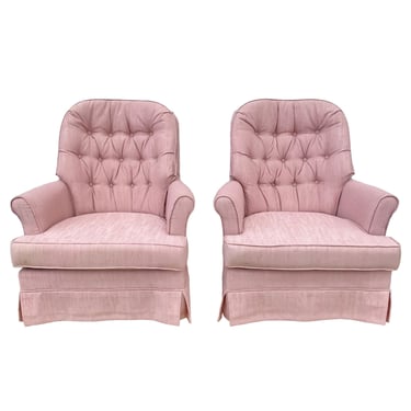Set of 2 Pink Swivel Club Chairs - Vintage Tufted Upholstered Rocker Lounge Accent Armchairs with Textured Tweed Style  Fabric 