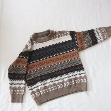 nordic style pullover sweater - m - vintage 80s crew neck brown fair isle geometric womens casual sweater 