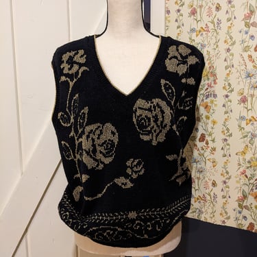 Vintage Black and Gold Roses Glitter Sweater Vest 