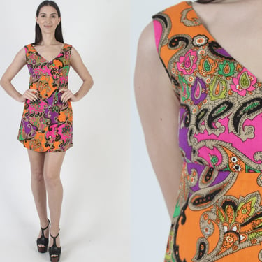 60s Psychedelic Scooter Mini Dress Neon Abstract Op Art Material Vintage Trippy Short Micro Frock 