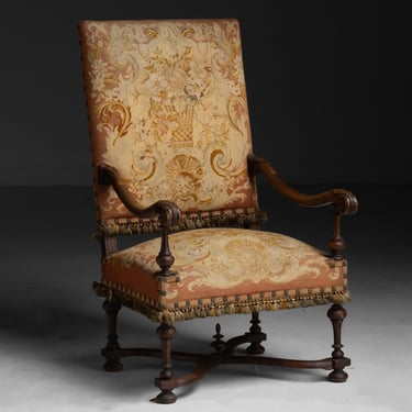 Walnut Armchair in Embroidered Fabric