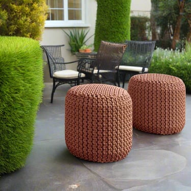 Wynne Boho Orange Round Knitted Outdoor/ Indoor Pouf FFW258-592
