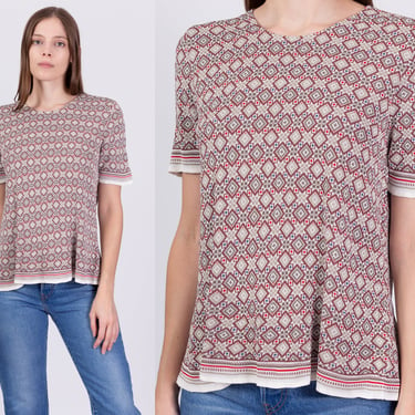 70s 80s Striped Flowy Knit Shirt - Small to Medium | Vintage Geometric Short Sleeve Diamond Pattern Shirt 