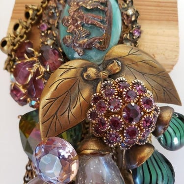 Vintage 90s Lorelei Assemblage Brooch - Green Rhinestones, Beads, Dangles, Seven Inches Tall 