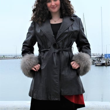 70s Leather Coat, Vintage The Tannery Montgomery Ward Black Leather Penny Lane Coat, Gray Fur Cuffs, Medium Women 