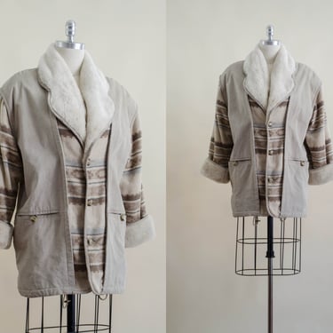 greige suede wool coat | 80s 90s vintage southwestern pattern faux fur shearling leather blanket coat 