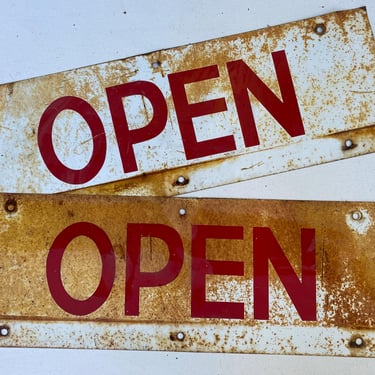 2 Vintage Open Signs, Rusty Distressed Signs, Industrial, Antique Shop, Metal Red Letters, Man Cave Signs, Workshop Signs, Bohemian 