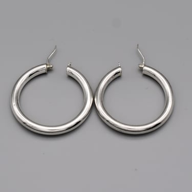 Classic 80's hollow sterling boho hoops, medium FAS 925 silver latch back hippie circle earrings 