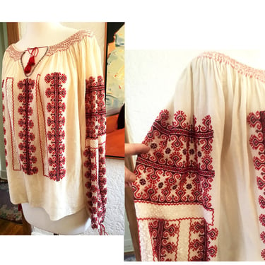 Gorgeous  Vintage Eastern European Hand Embroidered Peasant Blouse with  hand smocking size Large 