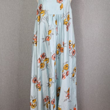 1970s 1980s - Blue Floral Maxi Dress - Muumuu - Kaftan - Cotton - Size L 