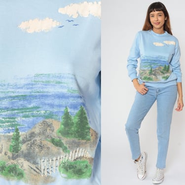 90s Lighthouse Sweatshirt Baby Blue Beach Sweater Retro Trees Clouds Graphic Pullover Crewneck Pastel Vintage 1990s Small S 