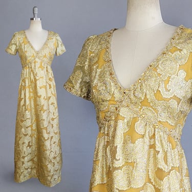 1960s Gold Gown / Gold Paisley Lamé Evening Dress / Empire Waist Dress with Rhinestones / Size Small 